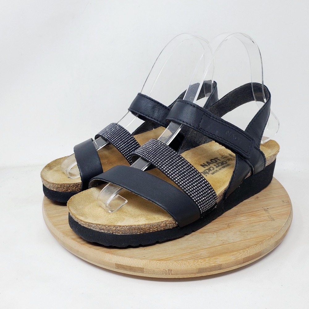 Naot Sandals Womens 37 Kayla Black Silver Strappy Low Wedge Comfort Shoes